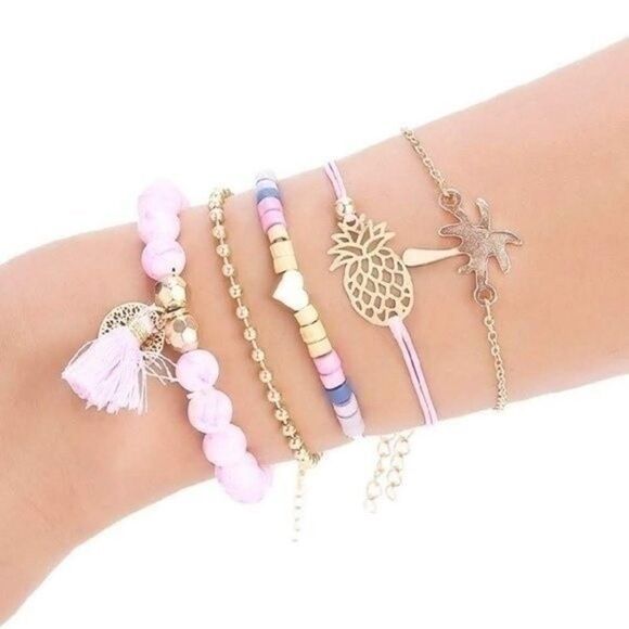 Pink Palm Beaded Boho Charm Bracelets Set of Five - Picture 1 of 5